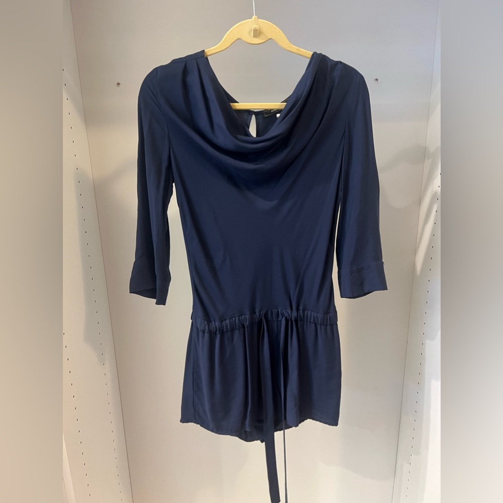 BCBGMaxazria Navy Cowl Neck 3/4 Sleeve Romper